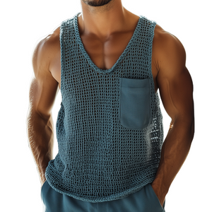 Herren-Tanktop mit Rundhalsausschnitt und einfarbigem Strickmuster im Vintage-Stil mit Tasche