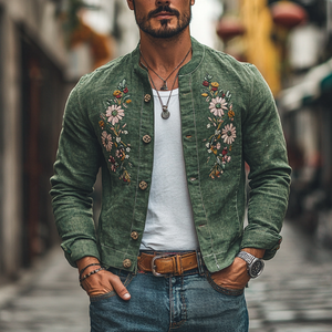 Men's Casual Linen Floral Embroidery Round Neck Single Breasted Slim Fit Jacket