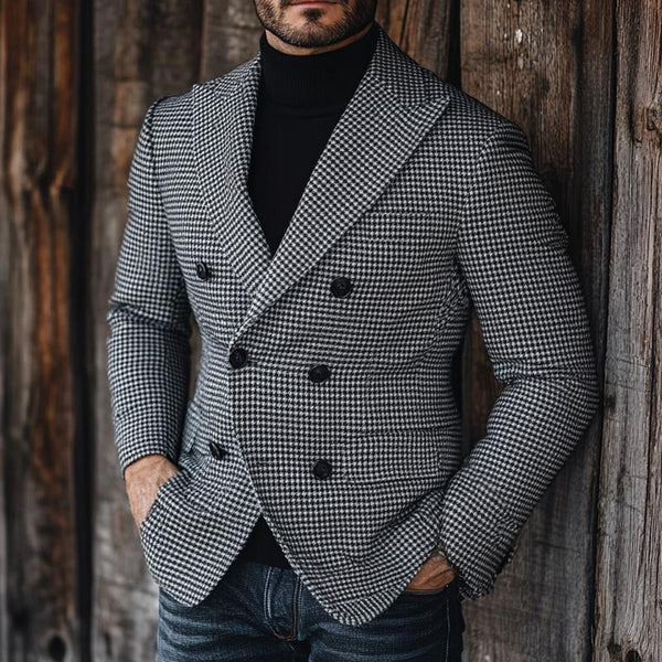 Men's Vintage Houndstooth Lapel Double Breasted Blazer