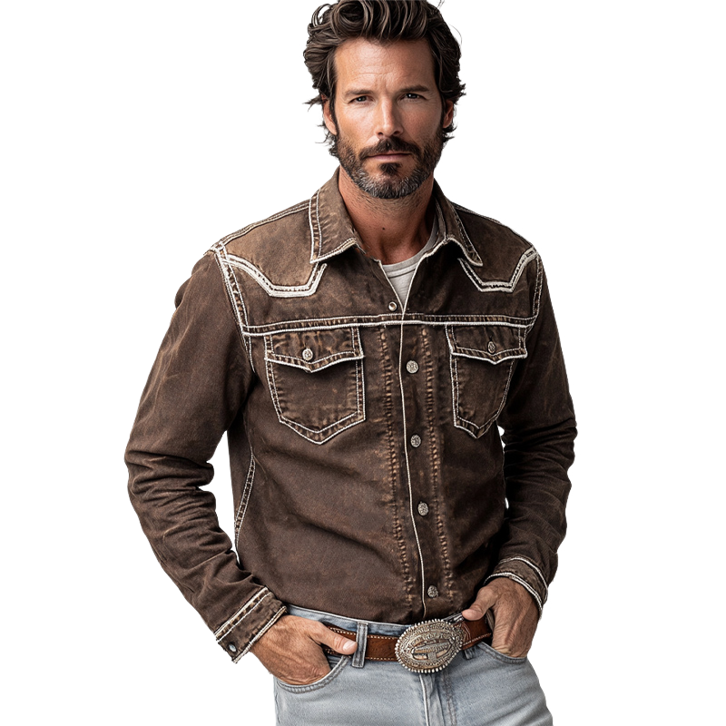 Herren Vintage Coffee Washed Denim Langarmhemd