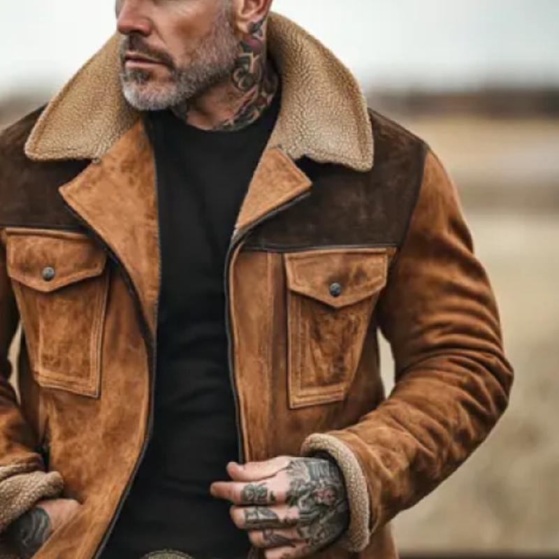 Men's Colorblock Suede And Polar Fleece Lapel Mid-Length Coat