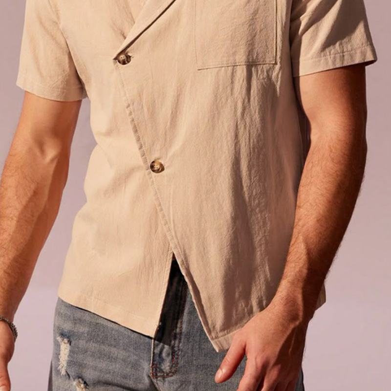 Herren Frühlingsmode Lässiges Slant Pracket Slim Fit Leinen Kurzarmhemd