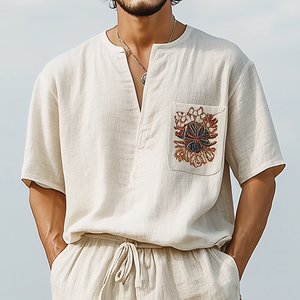 Lässiges, kurzärmliges T-Shirt aus Baumwolle und Leinen mit V-Ausschnitt für Herren im Frühling und Sommer