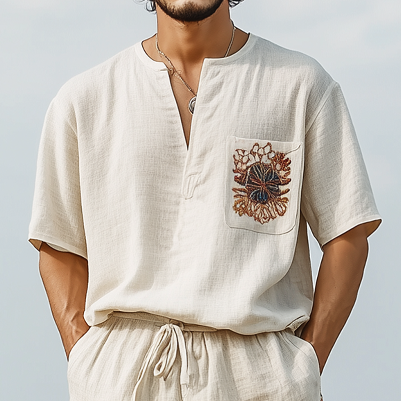Men's Spring And Summer Casual V-neck Cotton And Linen Embroidered Short-sleeved T-shirt