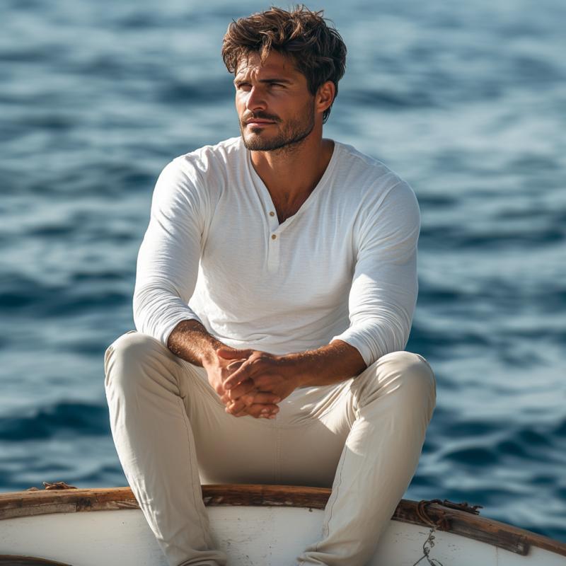 Lässiges Herren-T-Shirt aus Baumwollmischung mit Henley-Ausschnitt und schmaler Passform, langärmlig