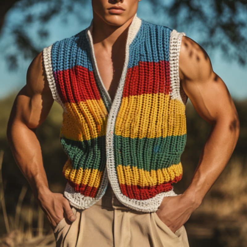 Lässige, bunt gestreifte einreihige Strickweste für Herren mit V-Ausschnitt