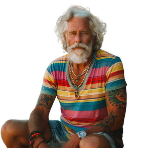 Herren-T-Shirt mit Rundhalsausschnitt und Vintage-Regenbogenstreifen-Print, kurzärmelig
