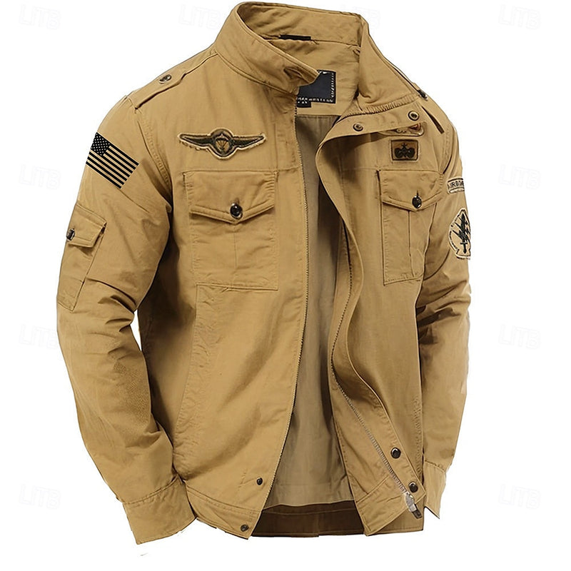 Men's  Cotton Cargo Jacket Coat Side Pockets Zip Front Regular Fit Standing Collar Jacket