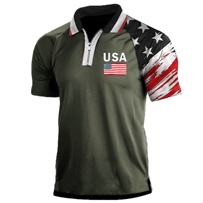 USA FLAG PATCHWORK RAGLAN GRAPHIC POLO SHIRT