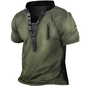 Herren Tactical Herren Outdoor Reißverschluss Vintage Print Loose Fit Kurzarm Top T-Shirt