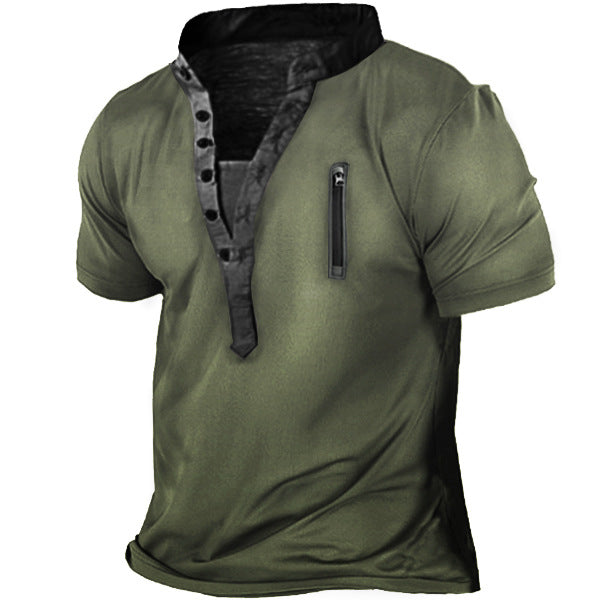 Men's Tactical Mens Outdoor Zipper Vintage Print Loose Fit Short Sleeve Top T Shirt