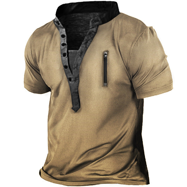 Men's Tactical Mens Outdoor Zipper Vintage Print Loose Fit Short Sleeve Top T Shirt