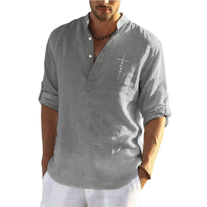 Men's Casual Polyester Solid Color Long Sleeve Shirt