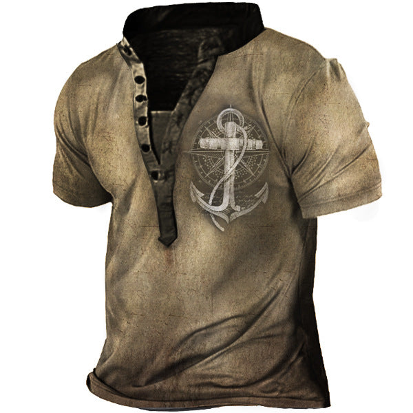 Men's Nautical Anchor Print Vintage Henley Short Sleeve T-Shirt