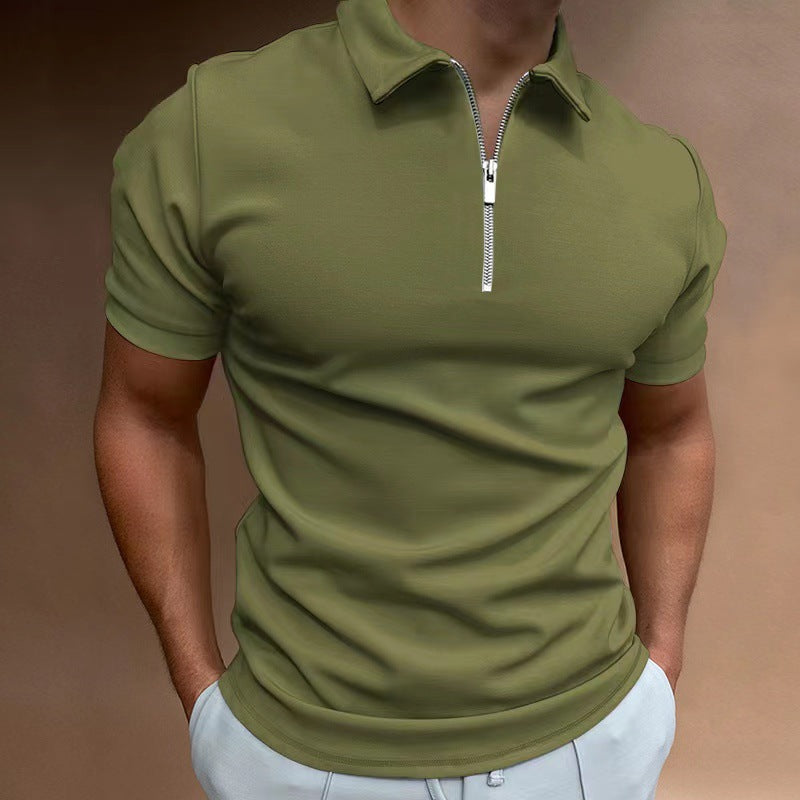 5XL Men's Solid Color Zipper Neck Casual POLO Shirt