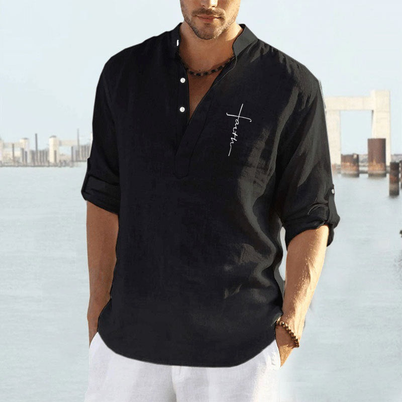 Men's Casual Polyester Solid Color Long Sleeve Shirt