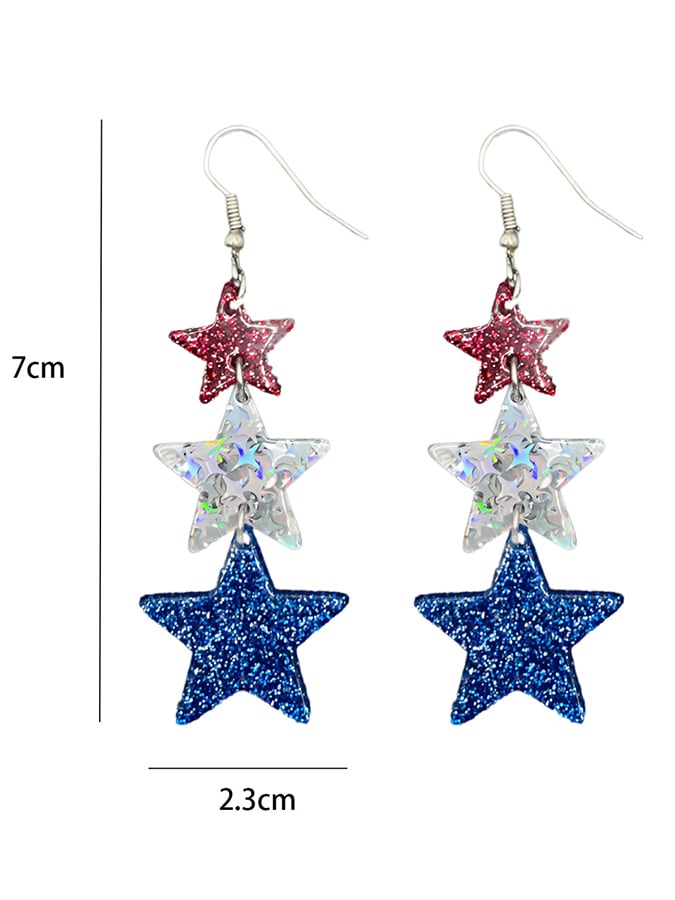 Independence Day Five-Pointed Star Three-Color Stitching Glitter Simple Earrings