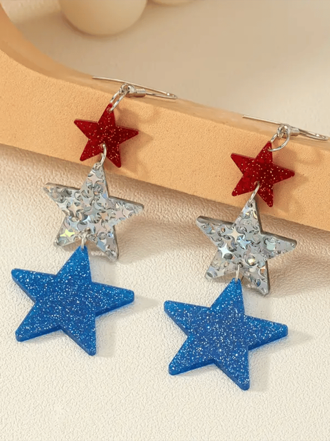 Independence Day Five-Pointed Star Three-Color Stitching Glitter Simple Earrings