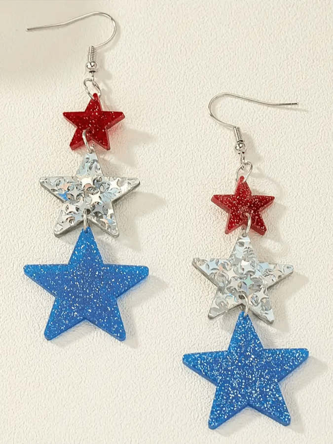 Independence Day Five-Pointed Star Three-Color Stitching Glitter Simple Earrings