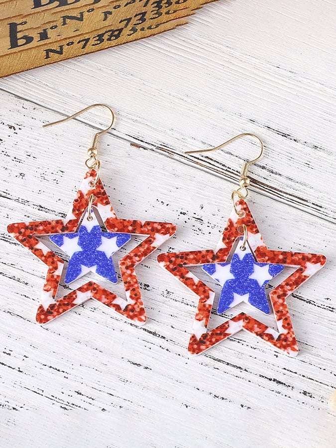 Independence Day Creative Double-Sided Acrylic Red, White And Blue Five-Pointed Star Earrings