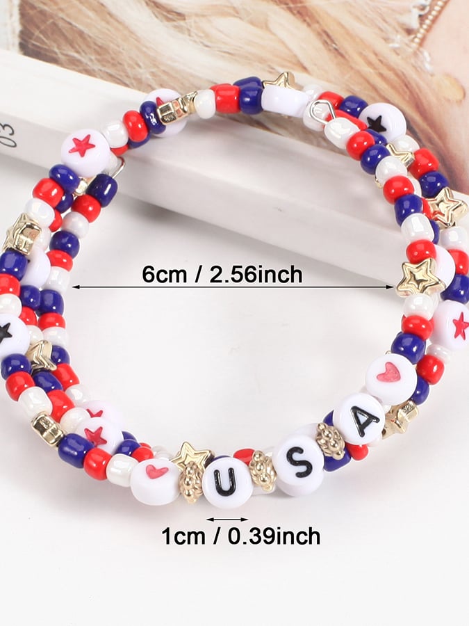 Independence Day Creative Colorful Handmade American Flag Red White And Blue Beaded Bracelet Multi-Layer Set