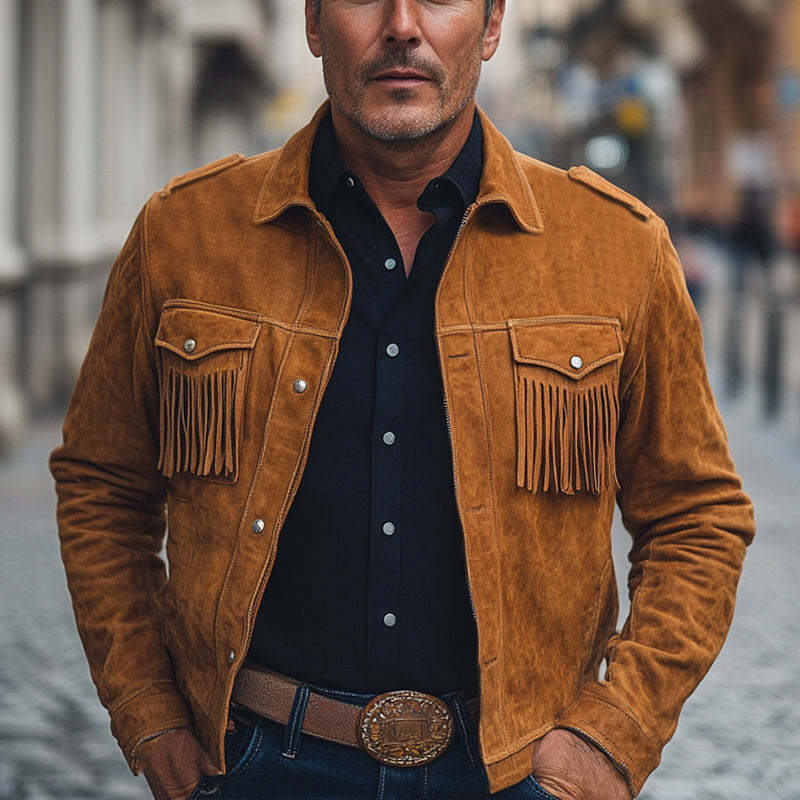 Men's Spring And Autumn Brown Vintage Tassel Suede Jacket