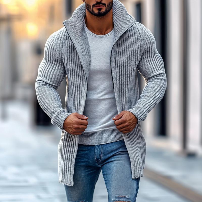 Modischer Herren-Strickpullover mit Stehkragen, einfarbig, gestreift, langen Ärmeln und mittlerer Länge