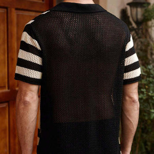 Men's Striped Knit Lapel Short Sleeve Shirt