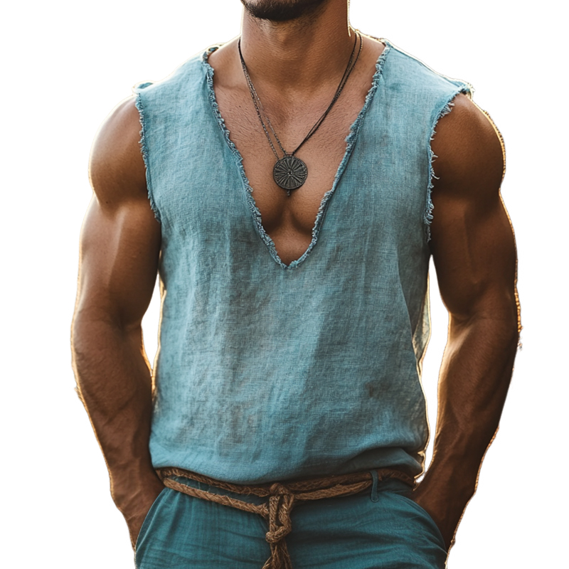 Men's Retro Casual Linen Ripped V-Neck Tank Top