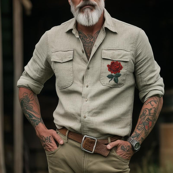 Herren Retro Casual Western Cowboy Besticktes Langarmhemd