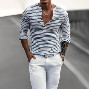 Men's Striped Henley Collar Long Sleeve Casual T-shirt