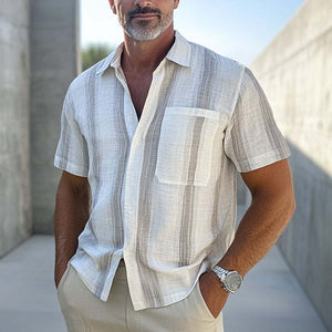 Men's Casual Vertical Striped Cotton And Linen Short-sleeved Shirt