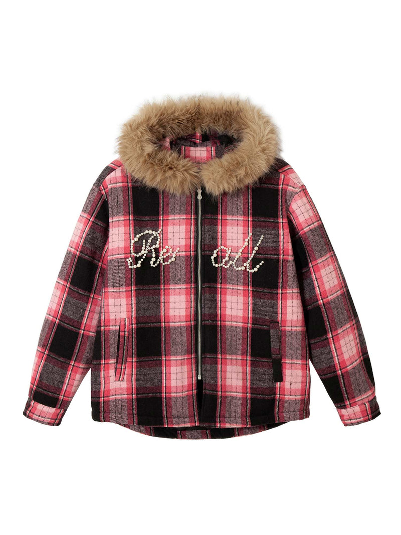 Beaded Fur Collar Padded Plaid Jacket