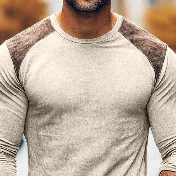 Herren-T-Shirt mit Rundhalsausschnitt und langen Ärmeln aus Wildleder im Vintage-Farbblock-Stil