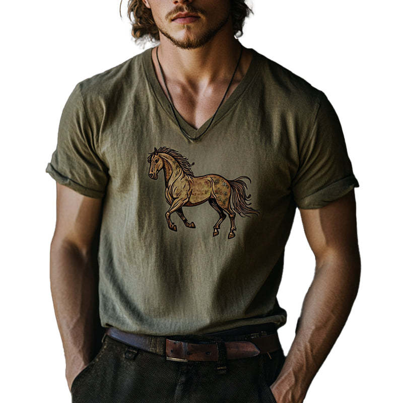 Herren-T-Shirt mit V-Ausschnitt und Pferde-Print, kurzärmlig