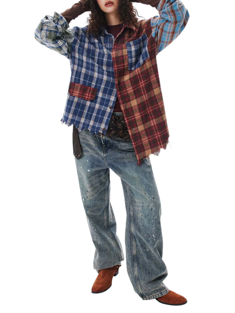 Retro Contrast Color Stitching Cleanfit Plaid Shirt