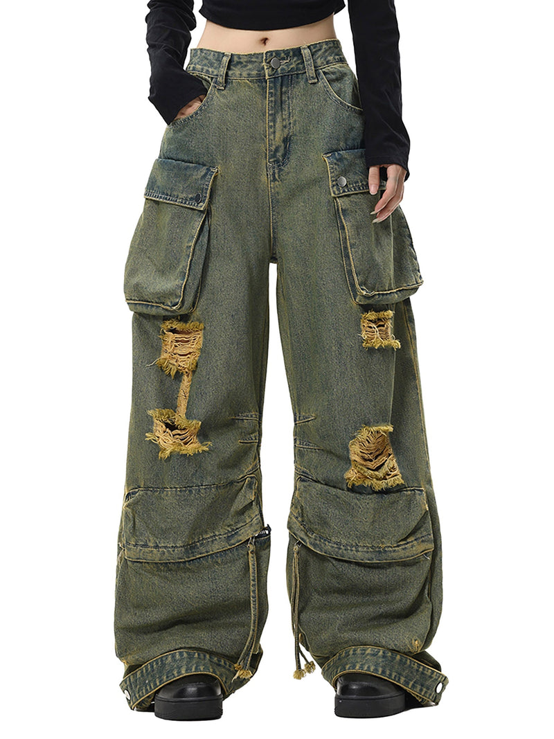 Wasteland Style Washed Distressed Work Cargo Jeans