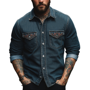 Men's Vintage Blue Embroidered Washed Denim Long Sleeve Shirt