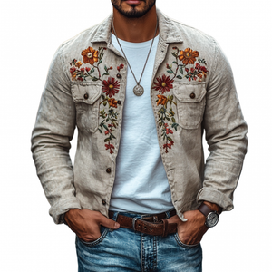 Men's Casual Linen Embroidered Lapel Chest Pocket Slim Fit Shirt Jacket