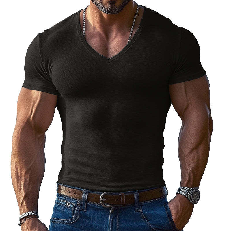 Einfarbiges Kurzarm-T-Shirt mit V-Ausschnitt für Herren