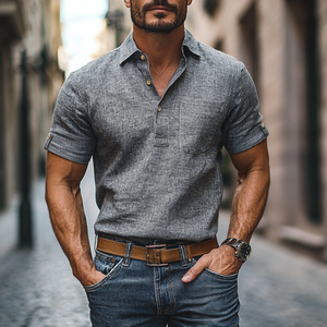 Men's Casual Linen Lapel Patch Pocket Pullover Short Sleeve Shirt