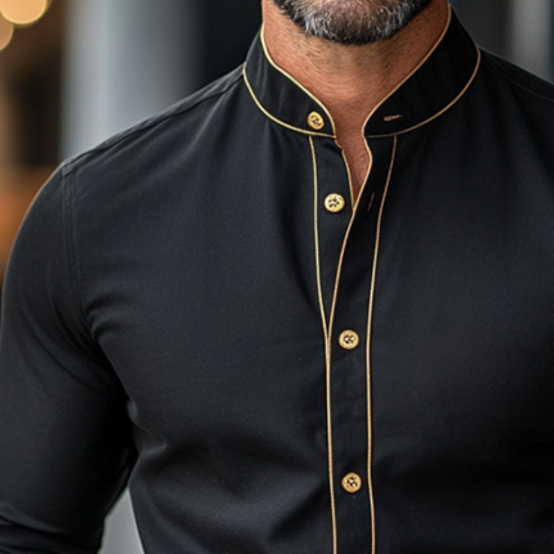 Men's Retro Casual Colorblock Printed Stand Collar Long Sleeve Shirt