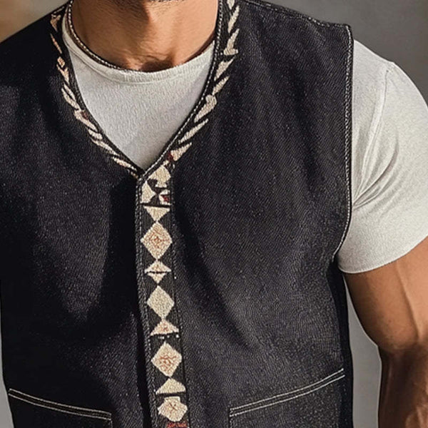 Herren-Jeansweste mit V-Ausschnitt und Stickerei