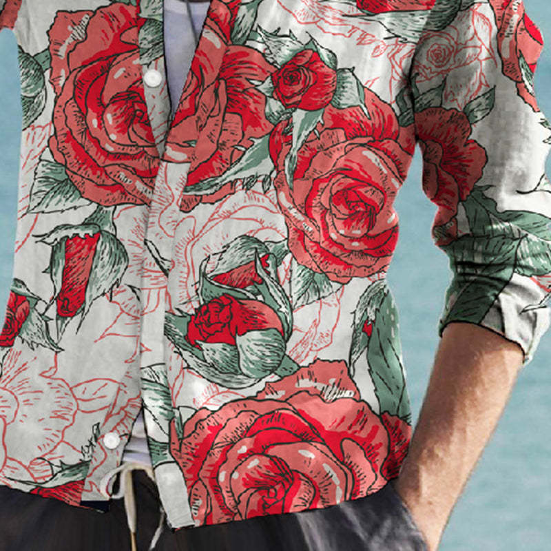Herren-Langarmhemd mit Blumendruck und Revers