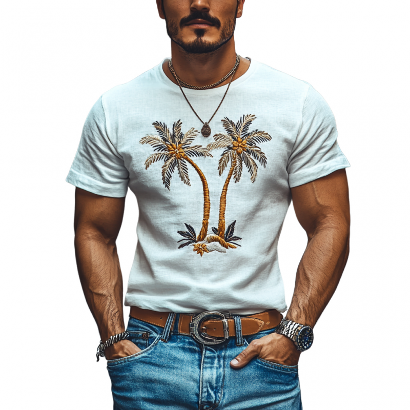 Lässiges Herren-T-Shirt mit Kokosnussbaum-Stickerei, Baumwolle, Rundhalsausschnitt, schmales Kurzarm-T-Shirt