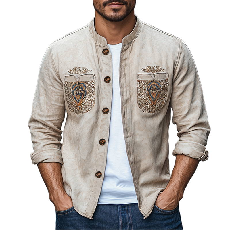 Herren Frühlingsmode Retro Western Style Tasche Stickerei Wildleder Langarmhemd