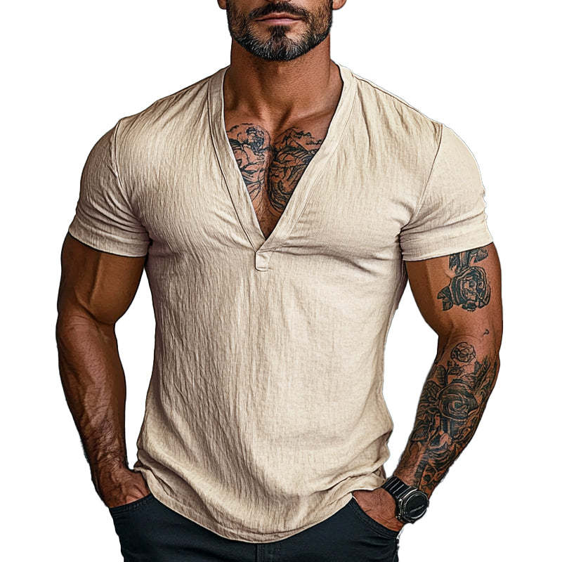 Einfarbiges Kurzarm-T-Shirt aus Baumwolle mit V-Ausschnitt für Herren