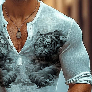 Men's Tiger Print Henley Neck Long Sleeve T-Shirt