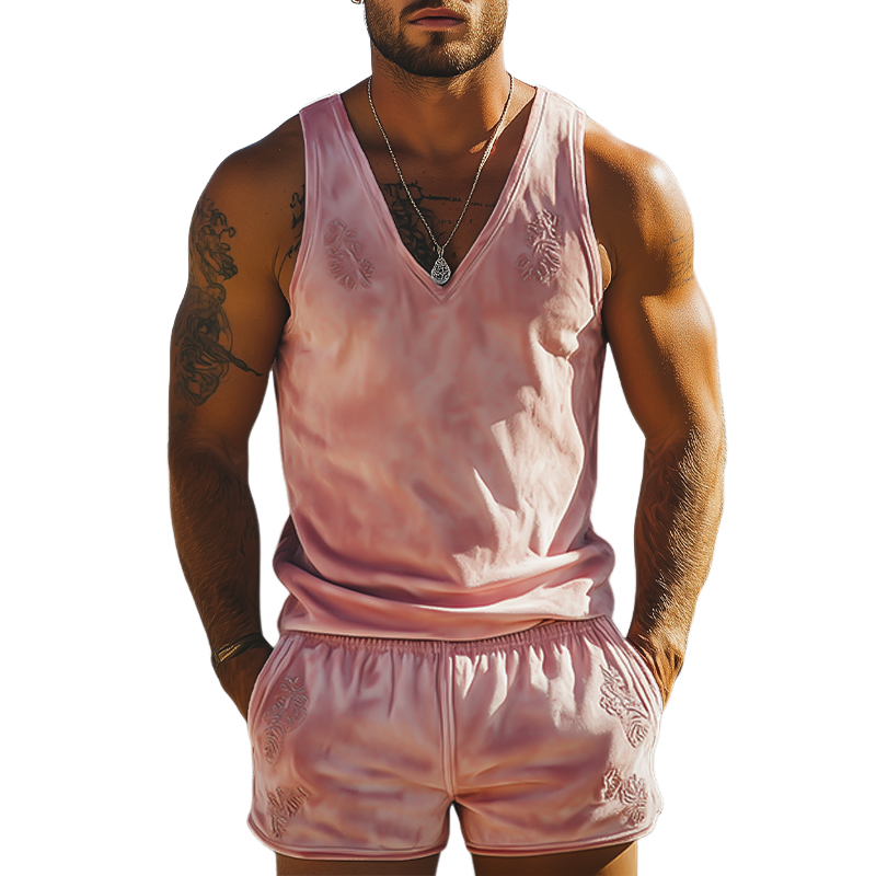 Herren Frühlingsmode Casual Slim Fit Besticktes Wildleder Tank Top Shorts Set