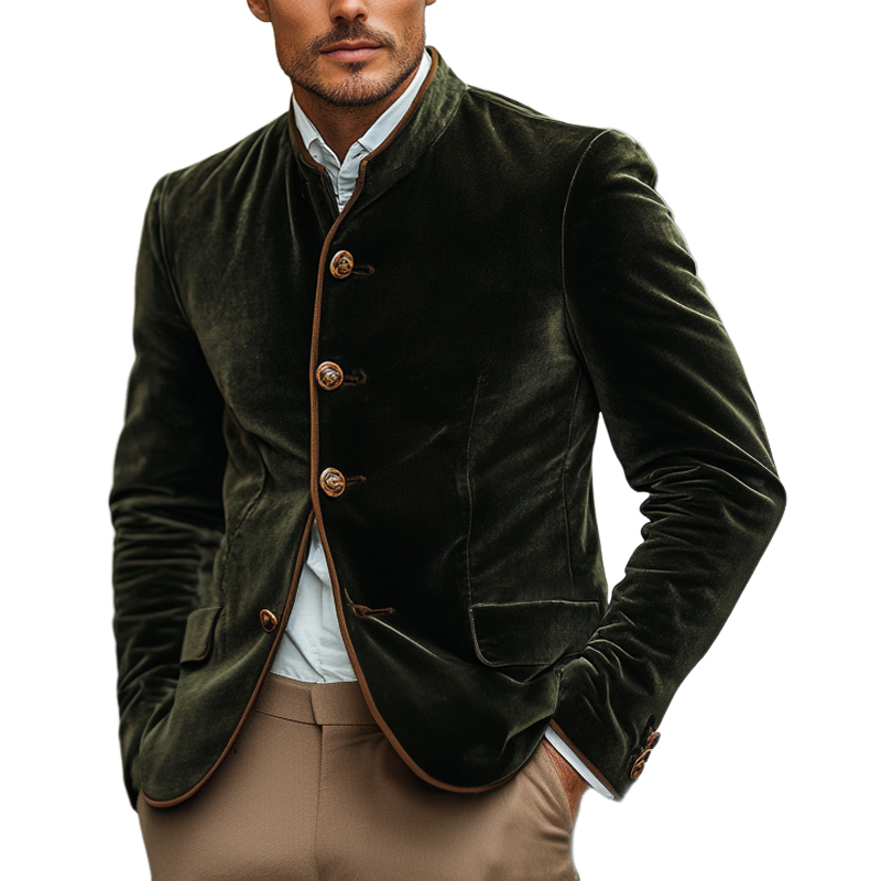 Men's Vintage Green Velvet Stand Collar Slim Jacket